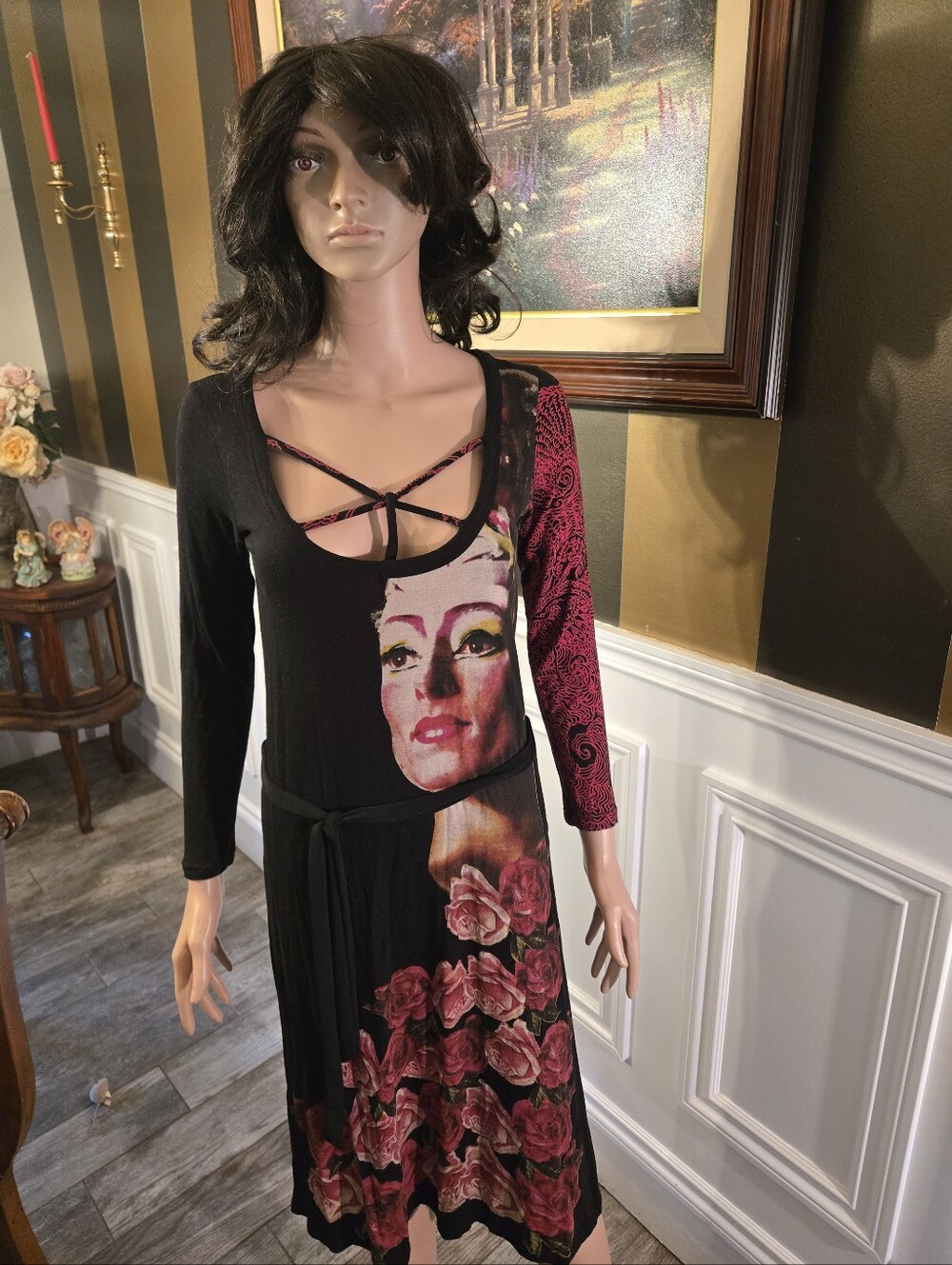 Black and Pink Floral Portrait Long-Sleeve Dress Y2k